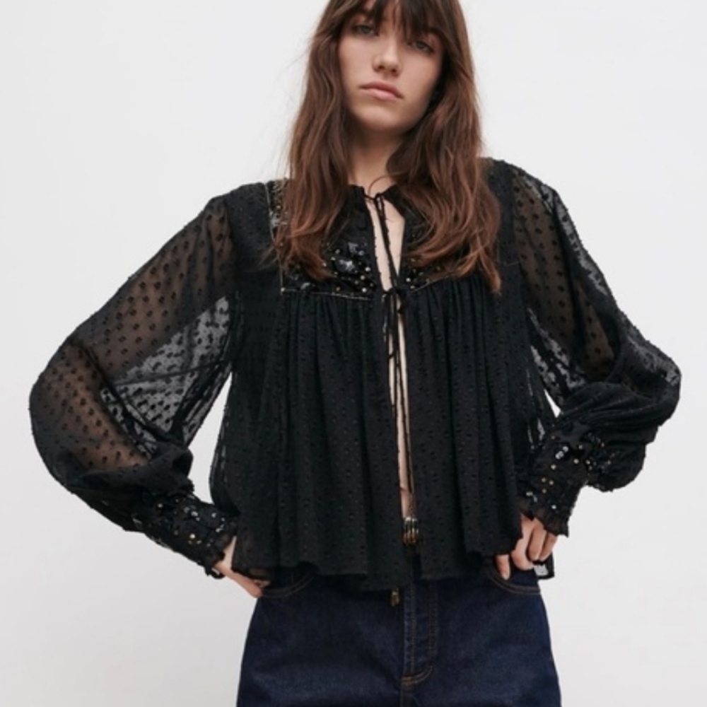 Zara Sheer Black‎ Tasseled Plumetis Dotted Mesh Jacket Velvet Sequins Size M